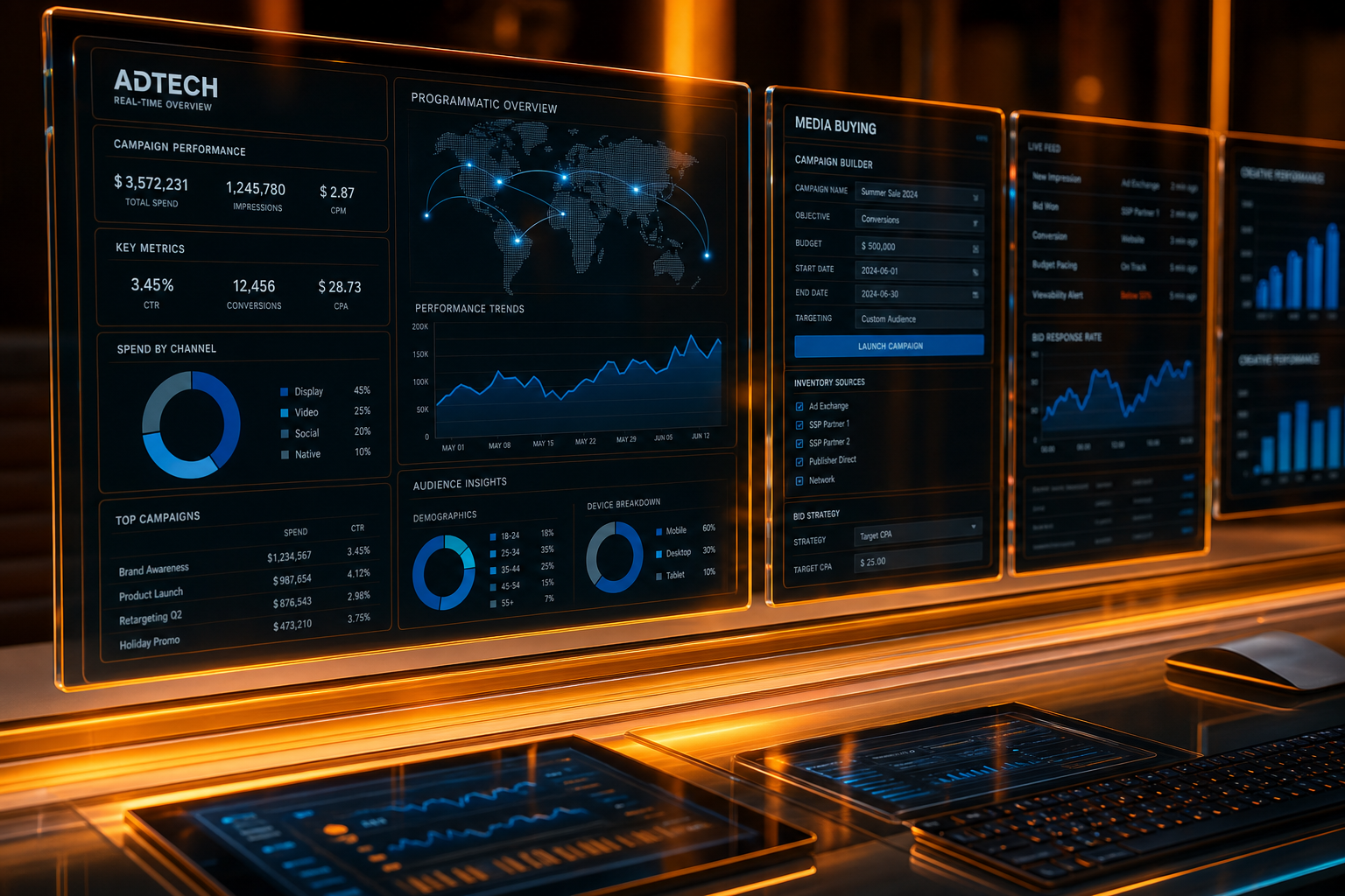 ABHOSTER LTD AdTech screens showing programmatic campaign data and media planning interfaces